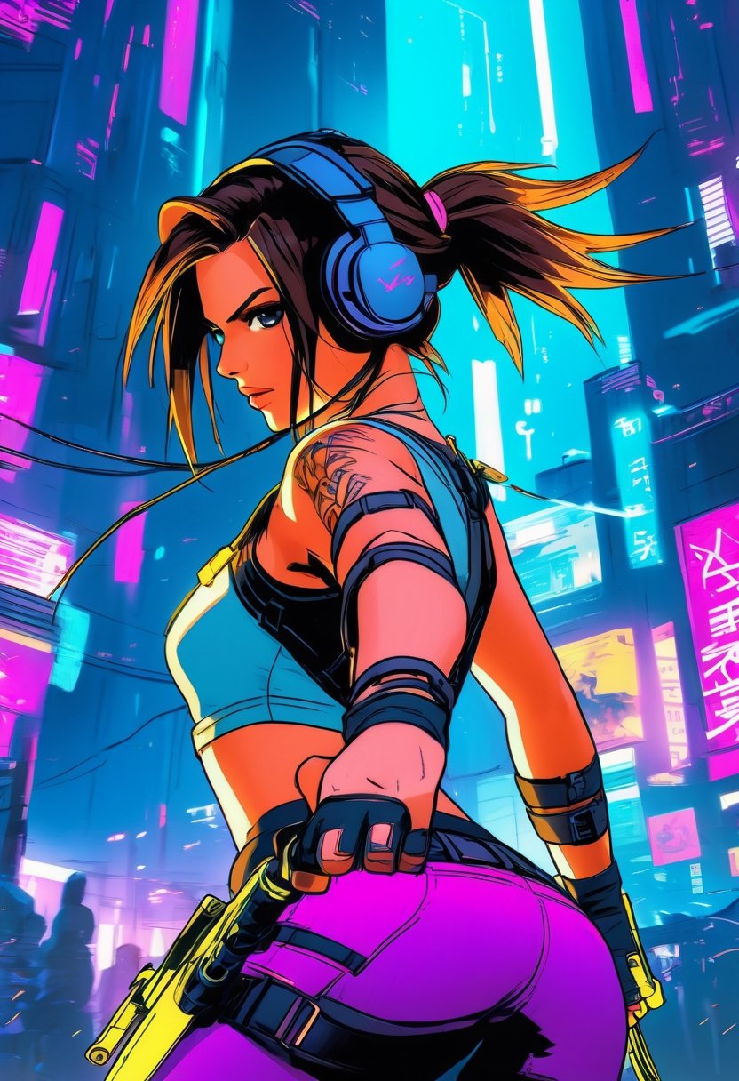 Anime artwork, Lara Croft,  wearing VR helmet,  hacking on a computer. cyberpunk 2077 cityscape, anime style, key visual, vibrant, studio anime, highly detailed