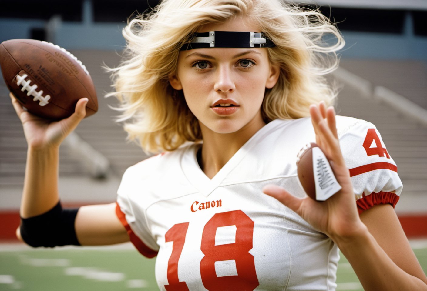 Photo, Closeup blonde female quarterback throwing a football, showing midriff. Canon 5d mark 4, Kodak ektar, style by J.C. Leyendecker