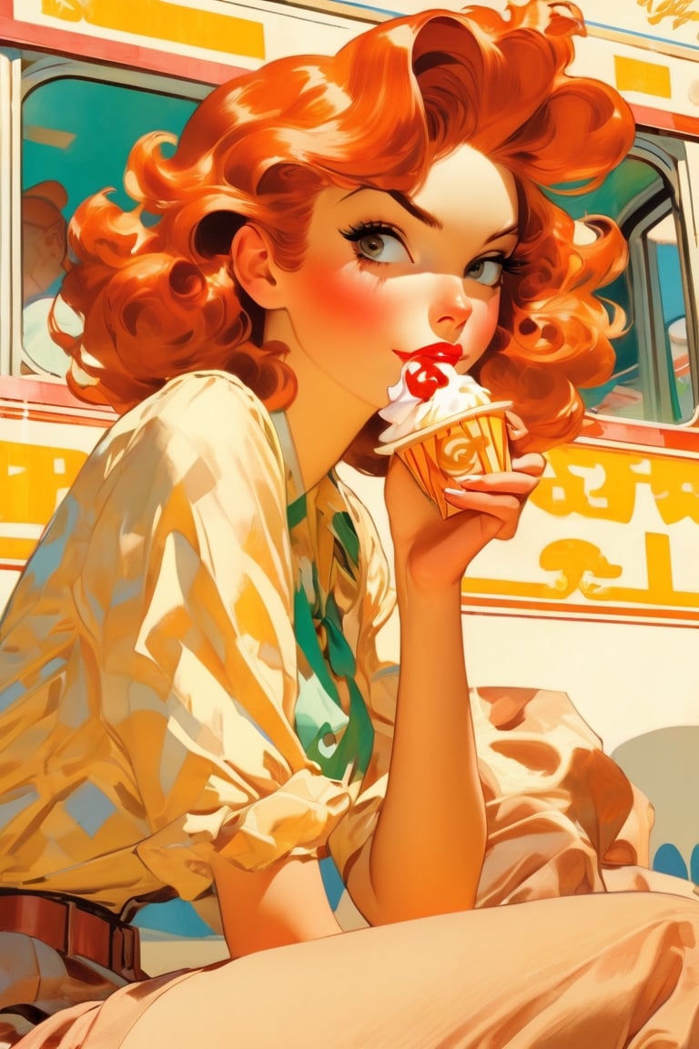 Redhead, woman, bored expression,sitting beside an icecream truck, art by J.C. Leyendecker . anime style, key visual, vibrant, studio anime