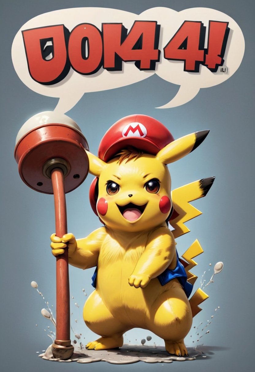 "404" TEXT LOGO. Pikachu dressed as Super Mario,  lifting a plunger. Comic strip speech bubble "404"