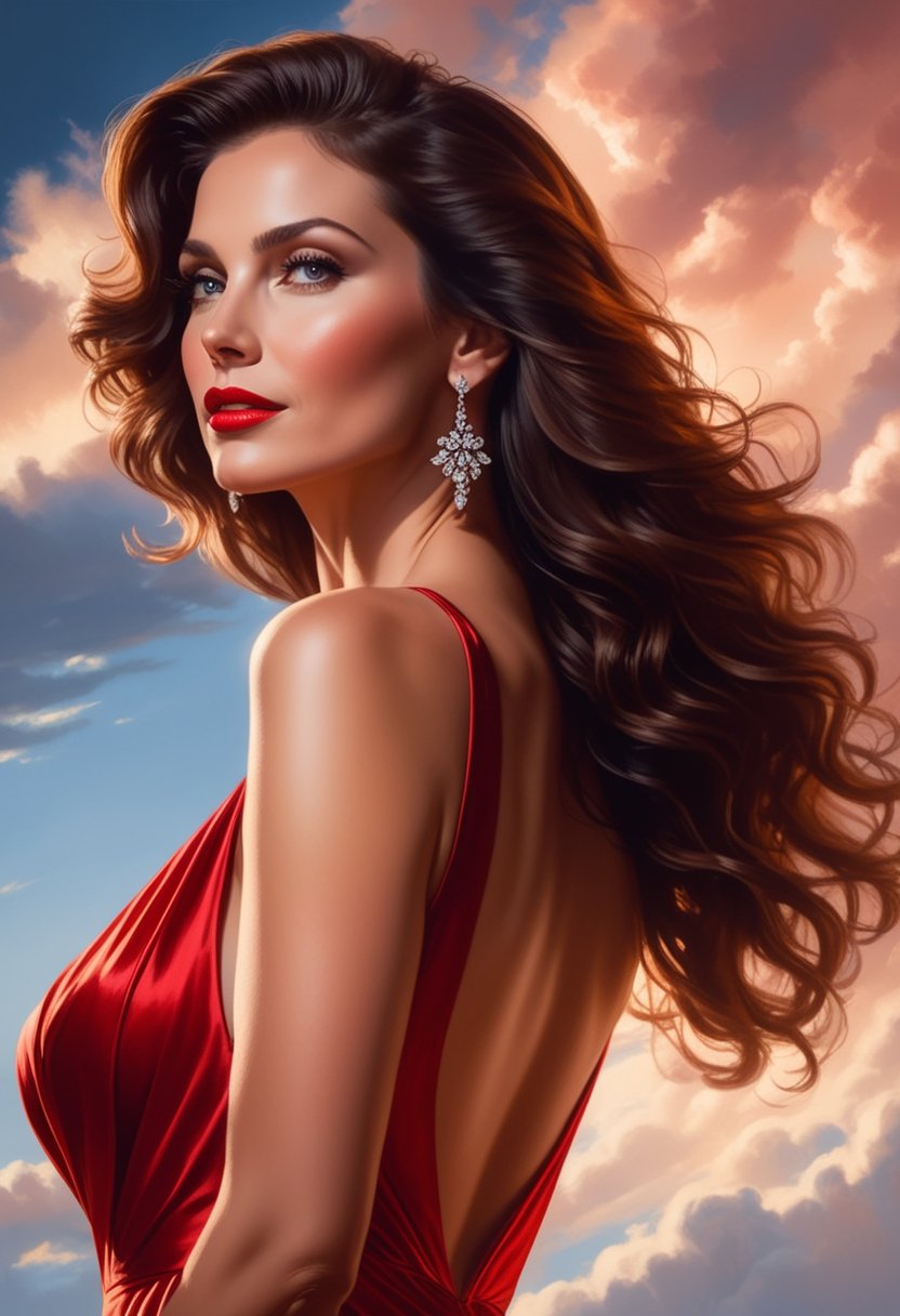 Painting, close up of a beautiful woman, looking toward sky, head tilted upward, body leaning back.  Red evening dress. sharp studio lighting