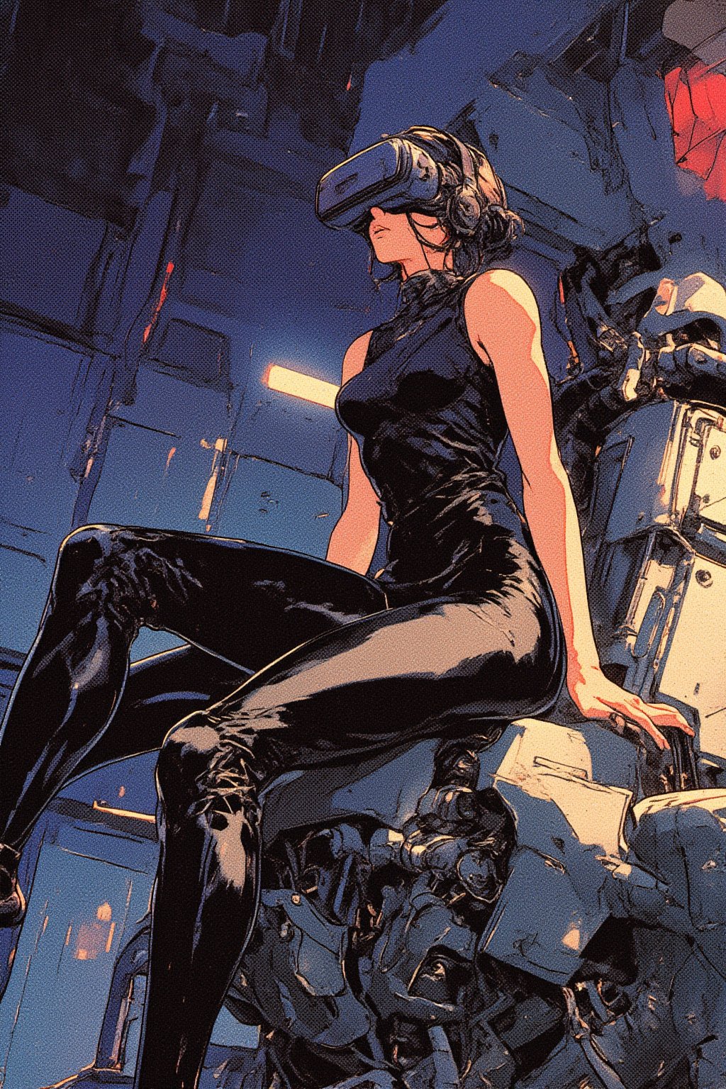 A striking, futuristic scene depicts a woman dressed in sleek, form-fitting leather attire, sitting confidently atop an open power suit, inspired by the cyberpunk aesthetics of Masamune Shirow. The power suit, a blend of advanced technology and military-grade armor, features intricate mechanical details, exposed wiring, and a robust, yet streamlined design. The woman, wearing a cutting-edge VR headset, exudes a sense of control and mastery over the machine beneath her. Her posture is relaxed yet commanding, with one hand resting on the suit’s metallic surface and the other casually holding a piece of advanced tech. The background is a high-tech industrial setting, with dim lighting that casts dramatic shadows, highlighting the fusion of human and machine. The overall atmosphere is one of futuristic coolness and cybernetic elegance, capturing the essence of Shirow’s iconic 