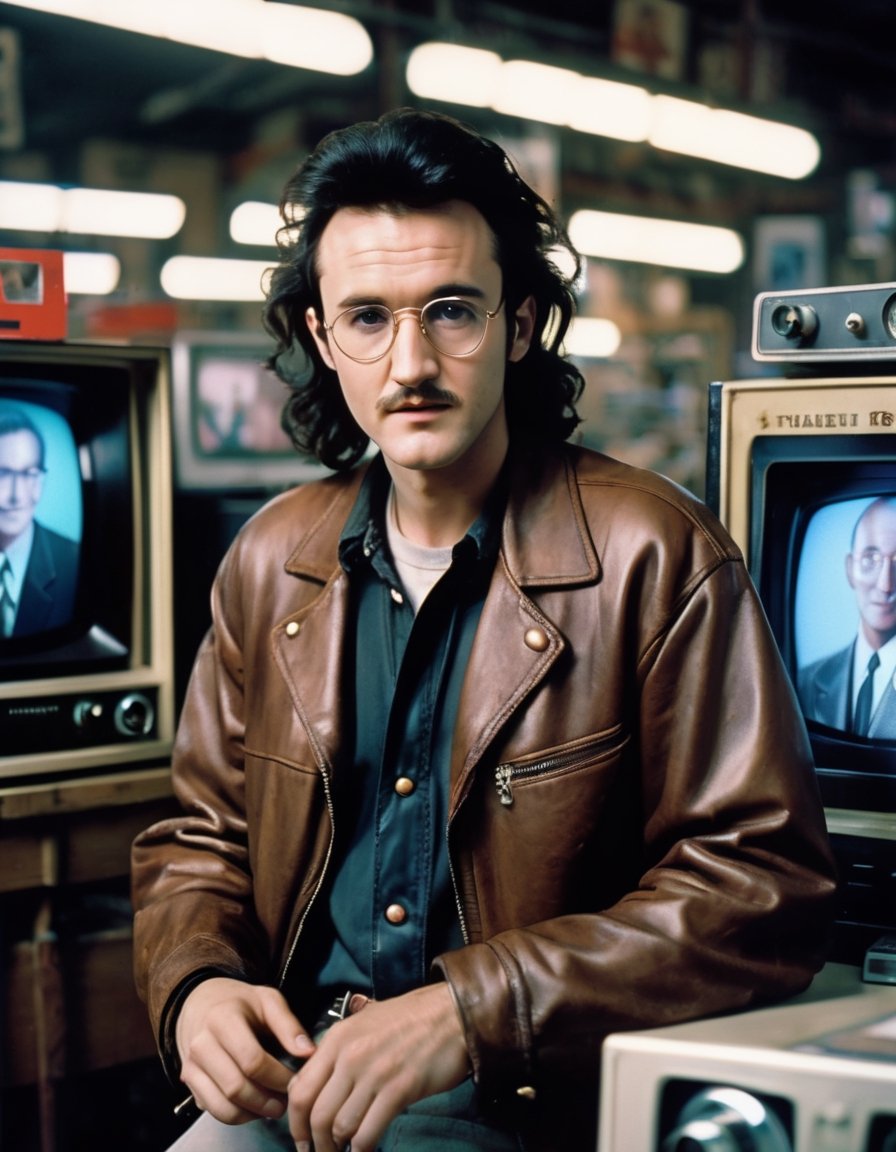 H4ck3rm4n, Gene Hackman as hackerman with a mullet haircut, round iris, wearing glasses and a leather jacket, looking into the camera, vintage shop with old television monitors backdrop, polaroid style, grainny picture, film still, f/1.4
