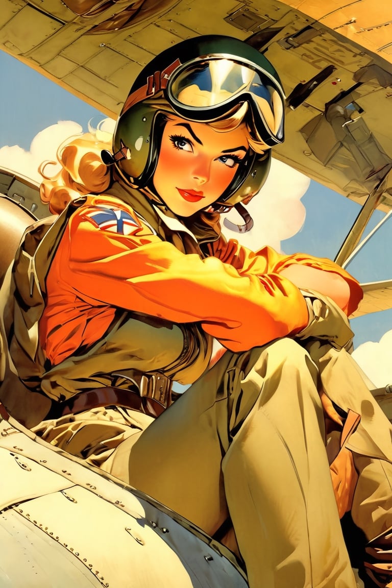 Anime Network, Female WW2 Pilot, bored expression, sitting inside fighter airplane, art by J.C. Leyendecker. Anime style, key visual, vibrant, studio anime