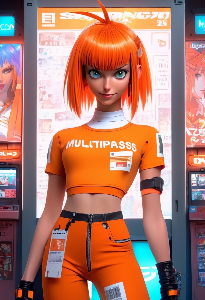 Anime artwork, leeloo dallas, standing in front of a kiosk,  holding up a card with the word "MULTIPASS", (orange suspenders), cyberpunk background, ((cyberwear)), CGI, 3D rendering