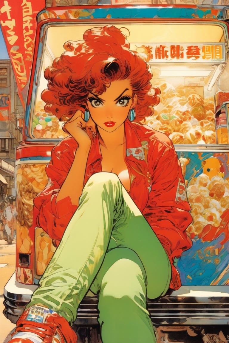 Red woman, bored expression,sitting beside an icecream truck, art by Masamune Shirow, art by J.C. Leyendecker . anime style, key visual, vibrant, studio anime