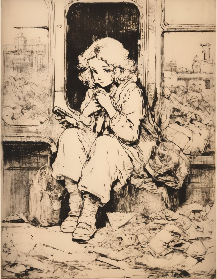 B & W Drawing Etching, Anime. Girl holding a phone, sitting on train,  rust, garbage on the floor, broken bottles, r3mbr4ndt, art by Rembrandt