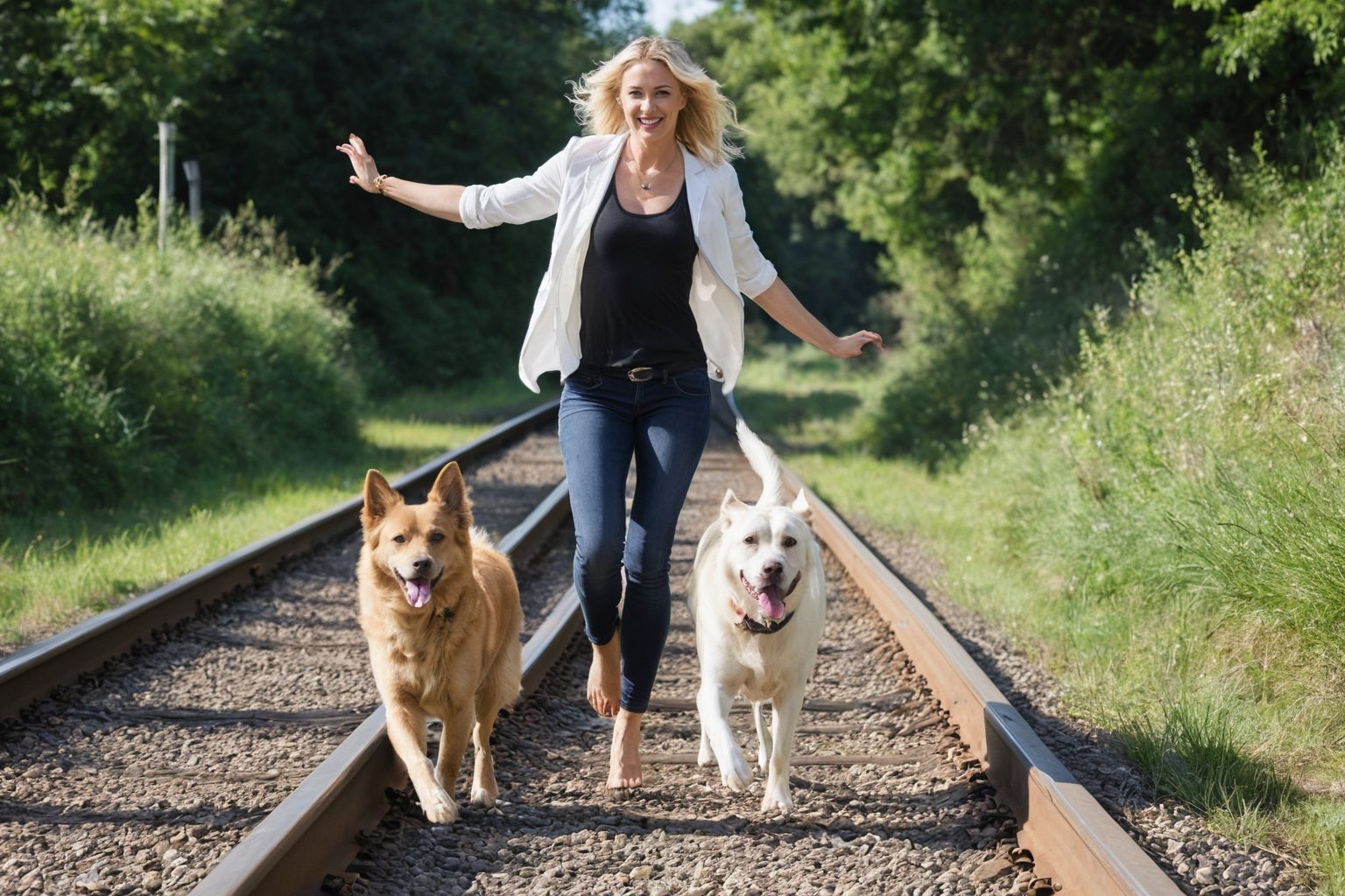 Photo of a blonde woman, arm stretched for balance, walking heel-to-toe on a single train rail. Her dog, a playful and energetic breed, trots along the rail beside her.