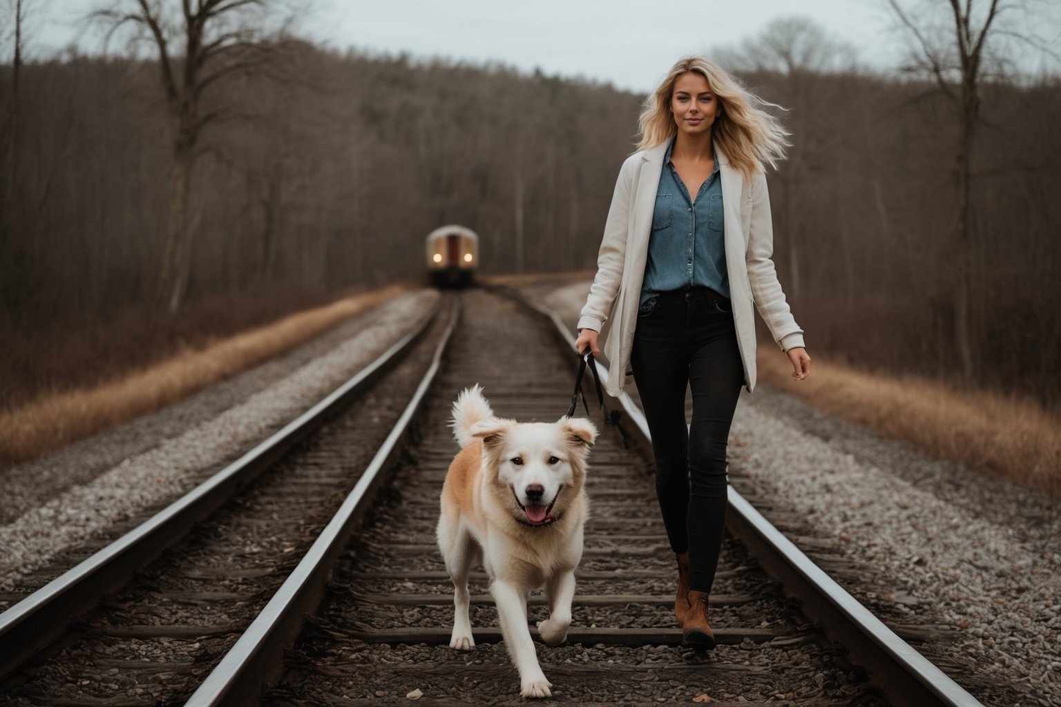 Photo of a blonde woman, arm stretched for balance, walking heel-to-toe on a single train rail. Her dog, a playful and energetic breed, trots along the rail beside her.