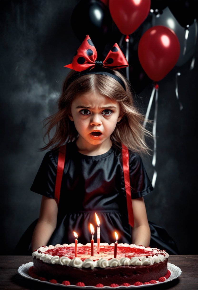 Portrait of a beautiful young girl wearing a headband bow and sitting behind a birthday cake. She has dark shadows under her eyes, an angry expression on her face, and flushed cheeks. In stark contrast to the festive occasion, she seems disconnected from the joy that surrounds her. Presents are visible in the background, adding to the surreal atmosphere. Her hair is a striking mix of red and black, drawing attention to her defiant stance. This image captures an intense moment where innocence meets anger.extremely high-resolution details, photographic, realism pushed to extreme, fine texture, 4k,  ultra-detailed, high quality, high contrast,