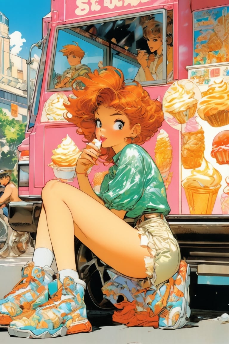 Woman, ginger hair, bored expression,sitting beside an icecream truck, art by Masamune Shirow, art by J.C. Leyendecker . anime style, key visual, vibrant, studio anime