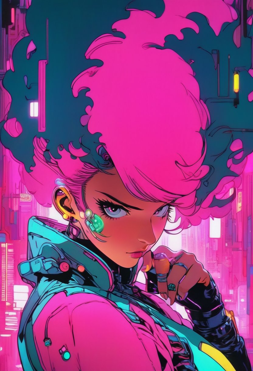 Anime artwork. Portrait of a woman in pink cyberpunk suit, art by Suehiro Maruo, art by Etam Cru, rim lighting, two tone light, soft lighting, vivid color