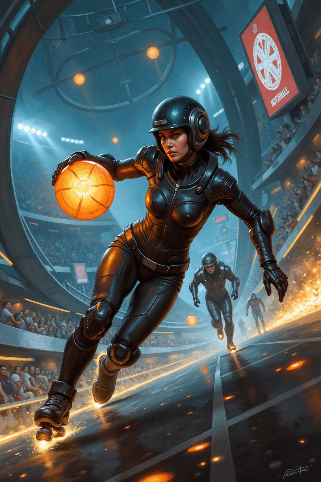 Oil painting. Battle Angel Alita competing in a high-speed Motorball game, similar to Rollerball. Alita, wearing her iconic sleek cyborg armor and padded helmet, races through the winding rollercoaster like Motorball track on rollerblades, gripping the glowing basketball like gadget in one hand. The arena is a high-tech, metallic environment with neon lights, massive crowds, and a gritty, industrial vibe. In the background, other cybernetic players chase after her, each equipped with various mechanical enhancements designed for speed and combat. Sparks fly from Alita's blades as she speeds around a sharp curve, with the atmosphere of the scene reflecting the intensity, competition, and danger of the Motorball game. The overall aesthetic is bold, dynamic, and futuristic, with a mix of cyberpunk elements and action-packed energy 