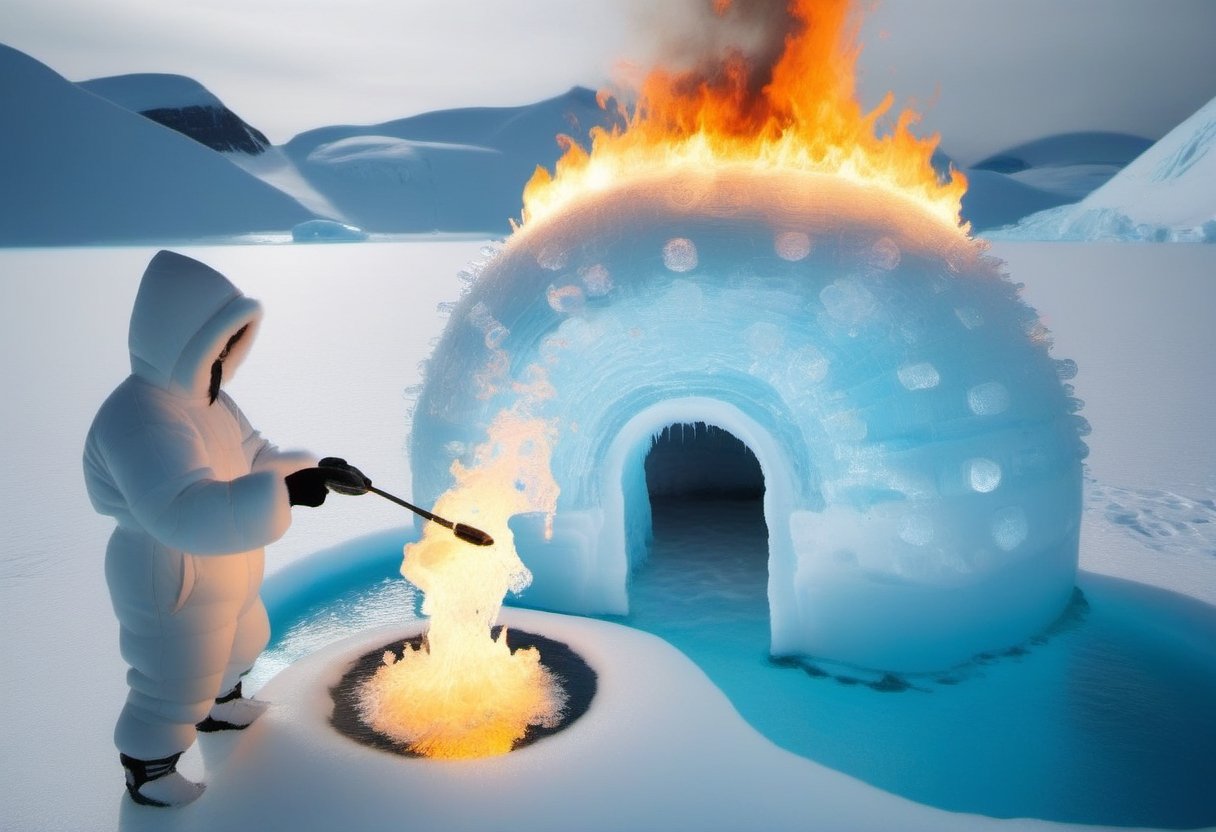 Photo of an inuit looking at a burning Igloo made of water and ice, melting, pool of water on ice,