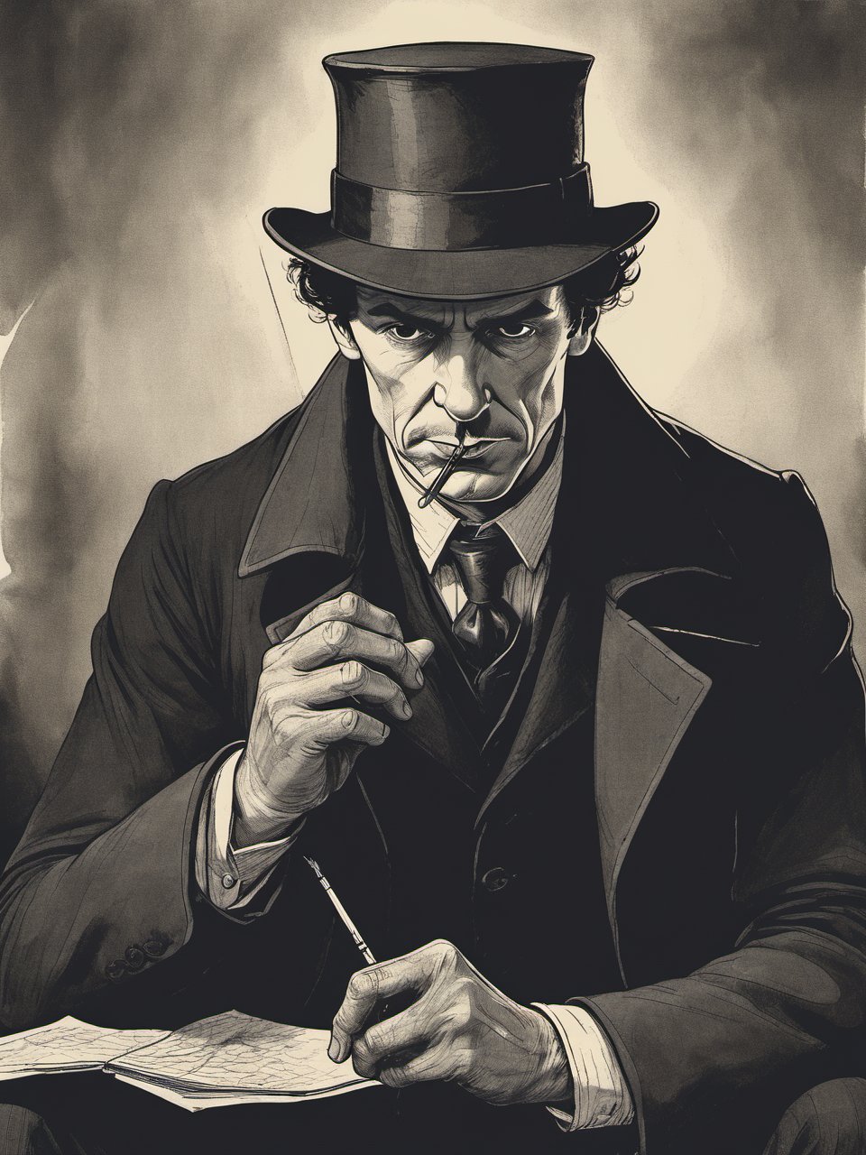 Closeup of a Sherlock Holmes, wearig a Deerstalker, bored, sitting on a sofa, injecting cocaine with a needle.