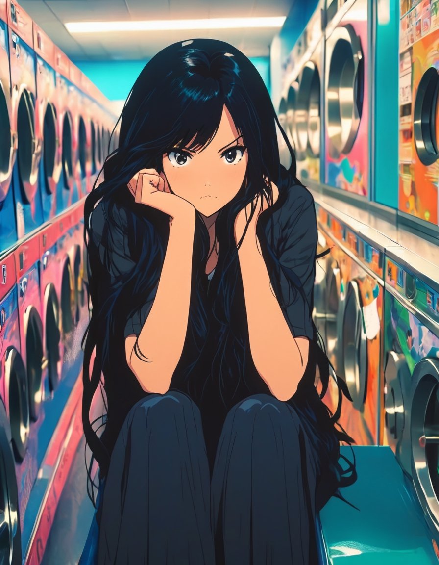 Woman, long black hair, bored, waiting at a laundromat, anime network, anime style