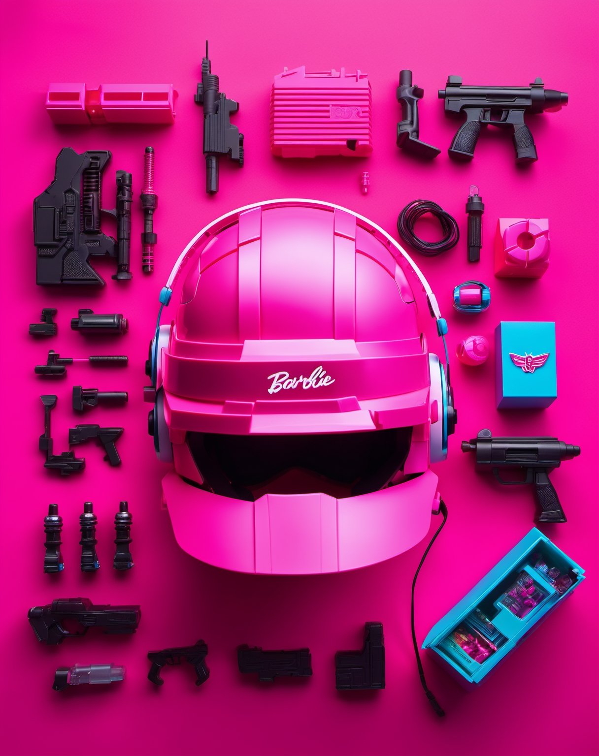 Barbie Toy, cyberpunk, VR helmet and pink cyberpunk armor, laser gun , flat lay photography, object arrangement, knolling photography