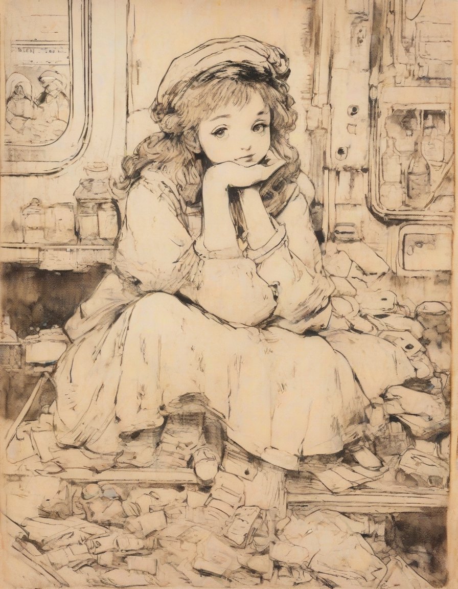 B & W Drawing Etching, Anime. Girl holding a phone, sitting on train,  rust, garbage on the floor, broken bottles, r3mbr4ndt, art by Rembrandt