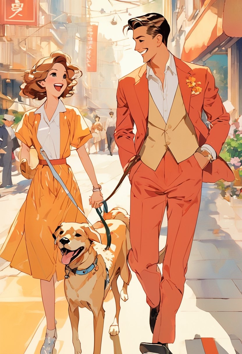 Anime Network,  Couple walking dog, laughing, art by J.C. Leyendecker, Anime style,  key visual,  vibrant,  studio anime