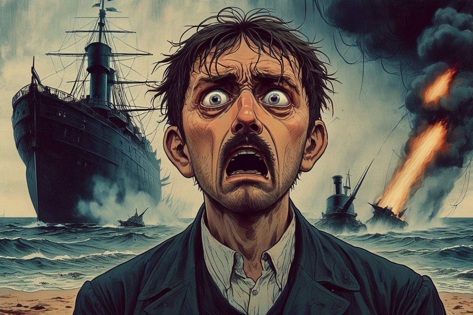 Closeup of a frightened man, eyes wide open, the narrator of War of the World, standing at the beach. Background is the steamship Ironclad warship HMS Thunder Child firing at a Martian Tripod, 1892