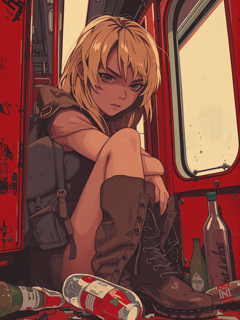 Anime style art by J.C. Leyendecker. Photo Close up of a blonde woman, sitting on train, red interior, rust, garbage on the floor, broken bottles.  She wear a backpack and hicking boots.