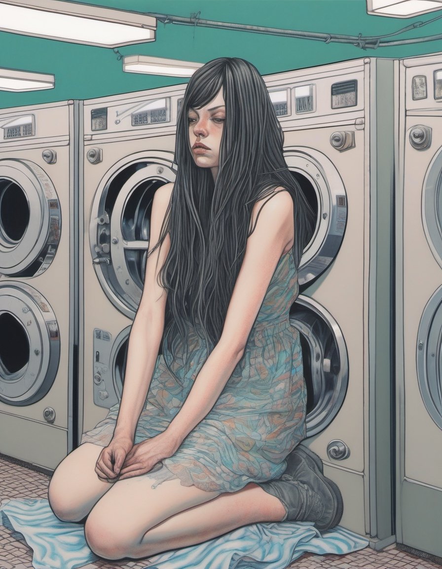 Woman, long hair, bored, waiting at a laundromat, overhead shot, art by Junji Ito, art by Martine Johanna