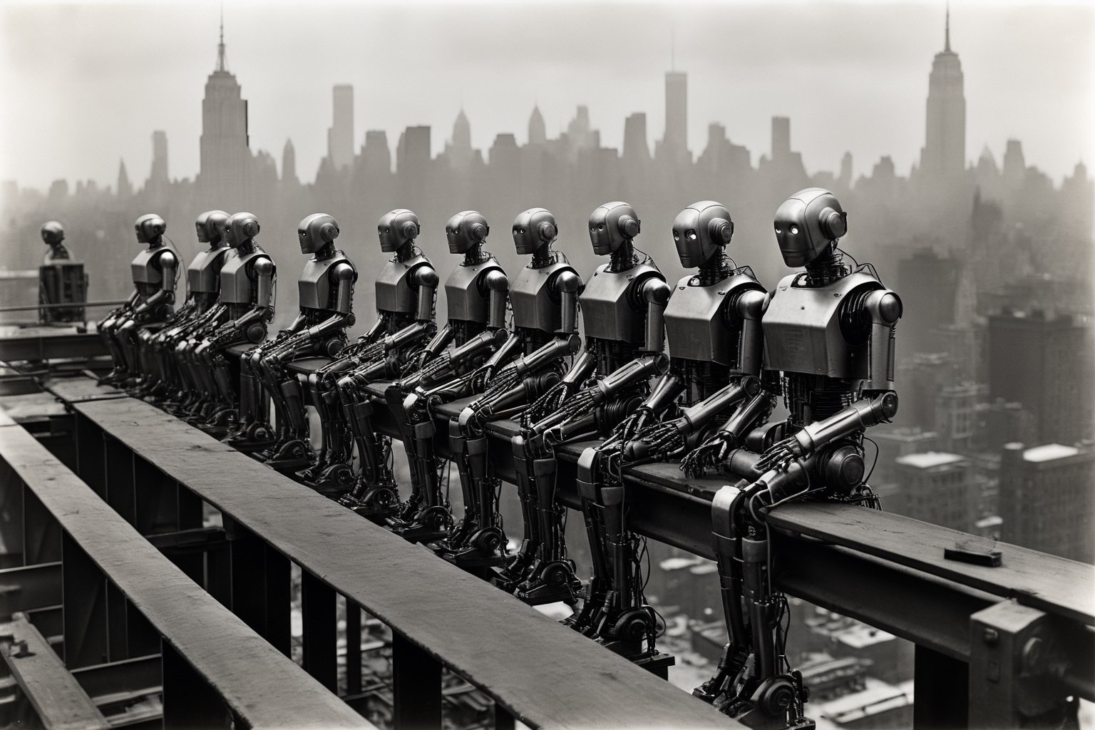 B & W photograph of a group of robots constrution sitting on a steel beam high above the ground, during lunch break, during construction of the RCA Building in Manhattan, art by by Lewis Hine, September 20, 1932