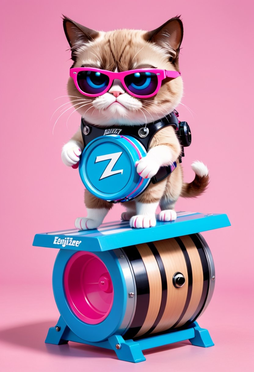 Grumpy Cat as pink mechanical toy wearing sunglasses and blue and black striped flip-flops that beats a bass drum bearing the Energizer logo.