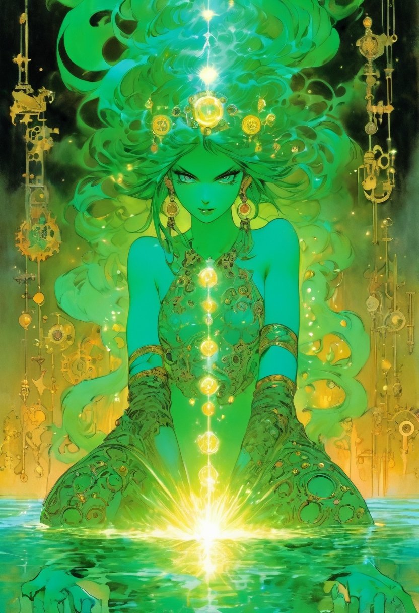 long shot, female in meditation,Statuesque, Inuit, Turquoise eyes, Small Ears, Nostril Flared Nose, Pointed Jaw, , Auburn Blunt cut hair, Joy, Gazing into a pool of scrying water, seeking visions of the future, art by Masamune Shirow, Mechanical Wings made of gears and cogs and clockwork Priest, (EmeraldGreen Glitter ,Reality manipulation,Solar Flare,Parallel liness,Drifting,Cuboid magic:1.0) Harmonious or Discordant Effects , Incantation Pose, Hands near mouth, casting powerful spells, Spectral Radiant, highly detailed