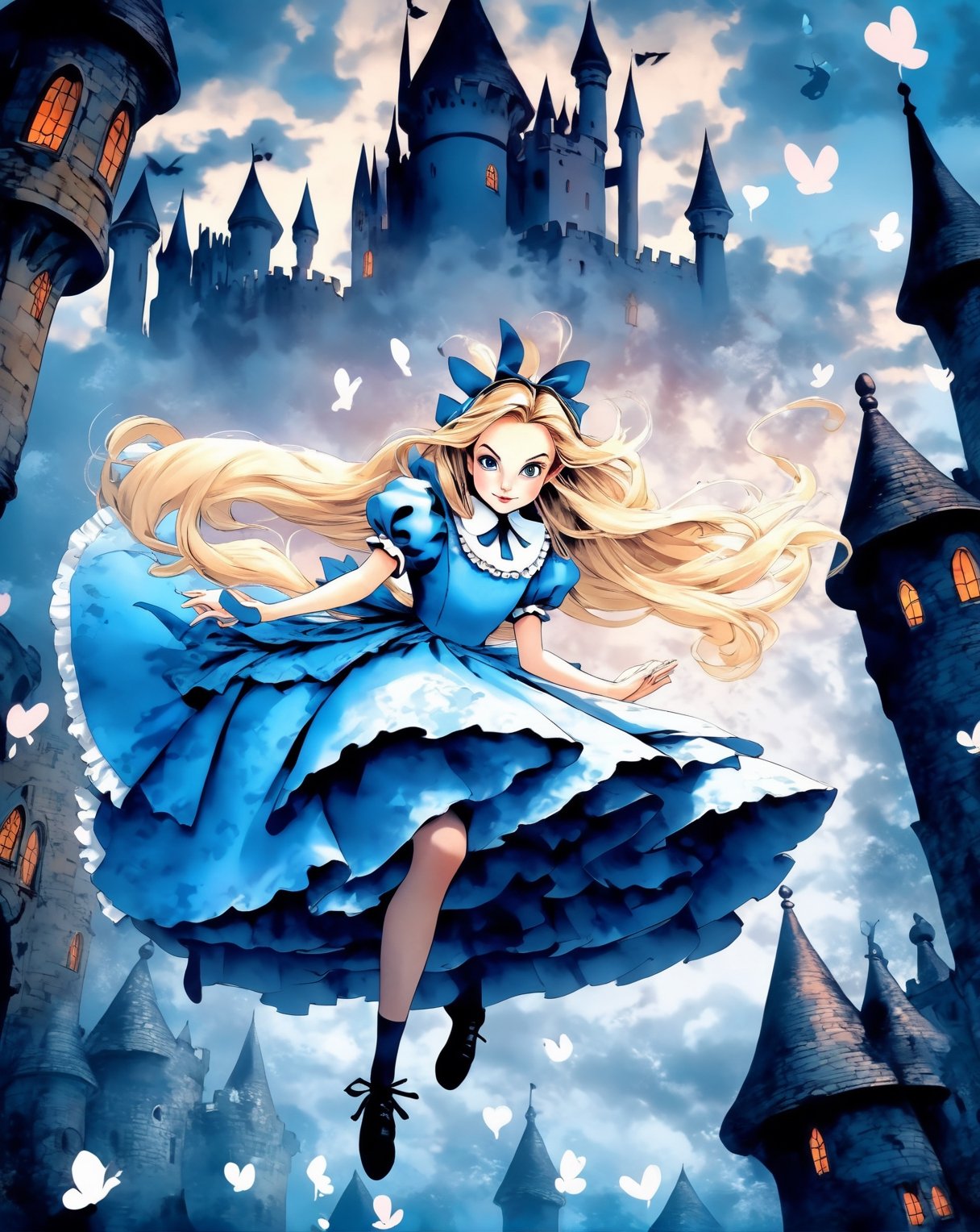 Alice in Wonderland, 1 woman, blonde straight hair serious stocking sit while floating in the air shadow dark pokers castle Detailed Gothic Dreamlike Fantasy manga line art flat gradient by Suiishida