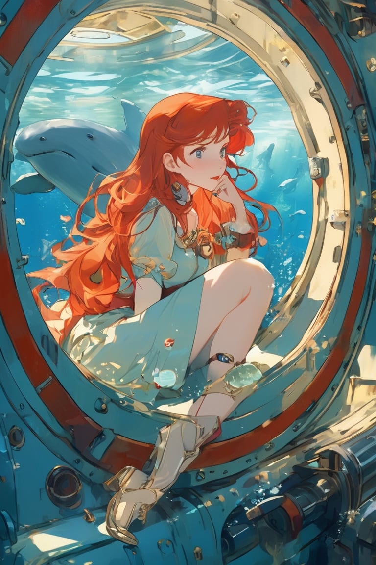 anime artwork, Girl, red head, sitting beside a large port hole, inside a submarine, underwater scene, whales, art by J.C. Leyendecker . anime style, key visual, vibrant, studio anime, highly detailed,ClassipeintXL,LaxpeintXL