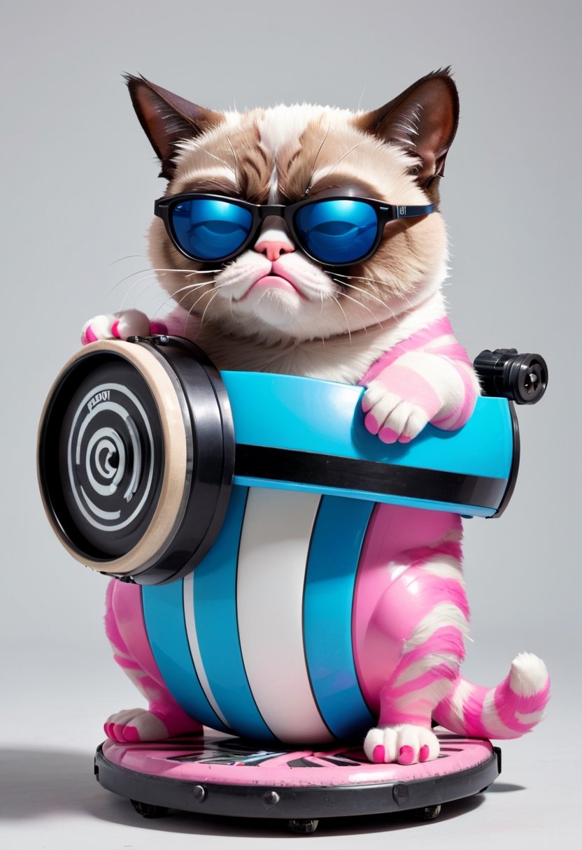 Grumpy Cat as pink mechanical toy wearing sunglasses and blue and black striped flip-flops that beats a bass drum bearing the Energizer logo.