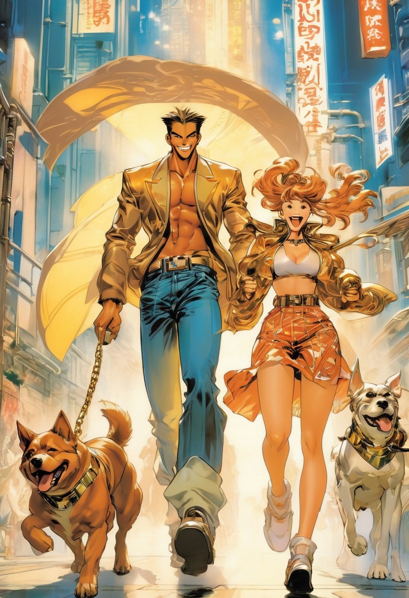 Anime Network,  Couple walking dog, laughing, art by Masamune Shirow, art by J.C. Leyendecker, Anime style,  key visual,  vibrant,  studio anime