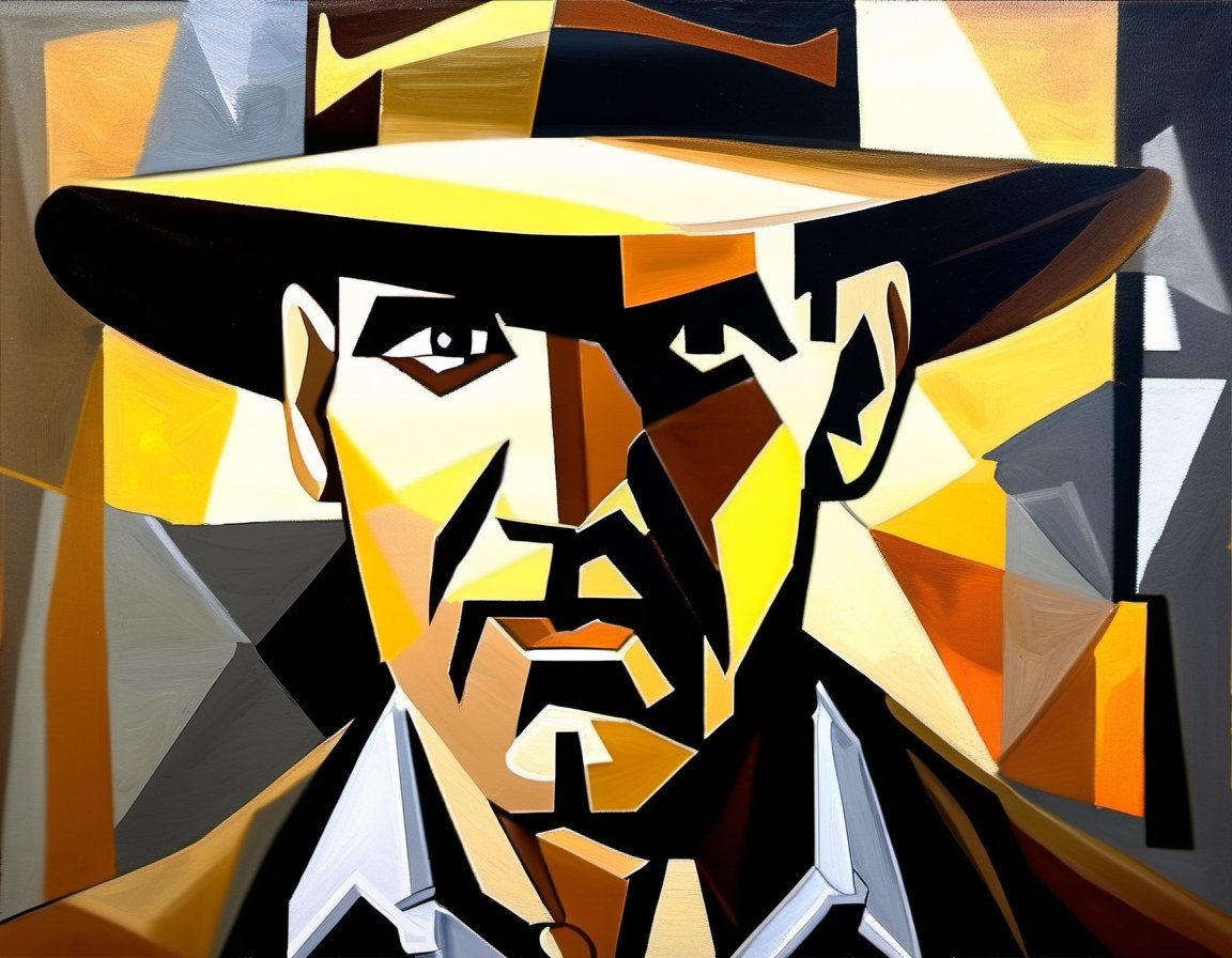 p1c4ss0, cubism oil painting of Indiana Jones