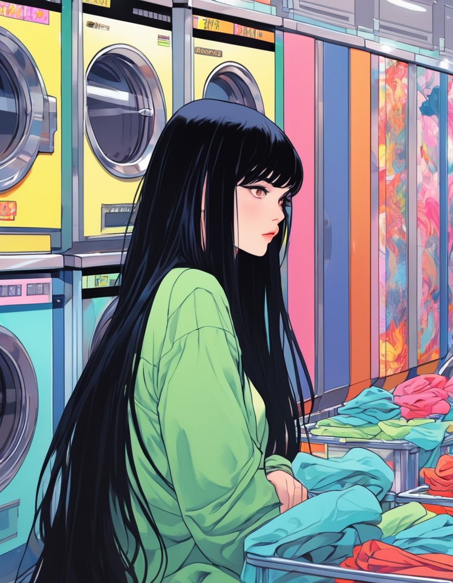 Woman, long black hair, bored, waiting at a laundromat, art by Junji Ito, art by Martine Johanna, anime network, anime style