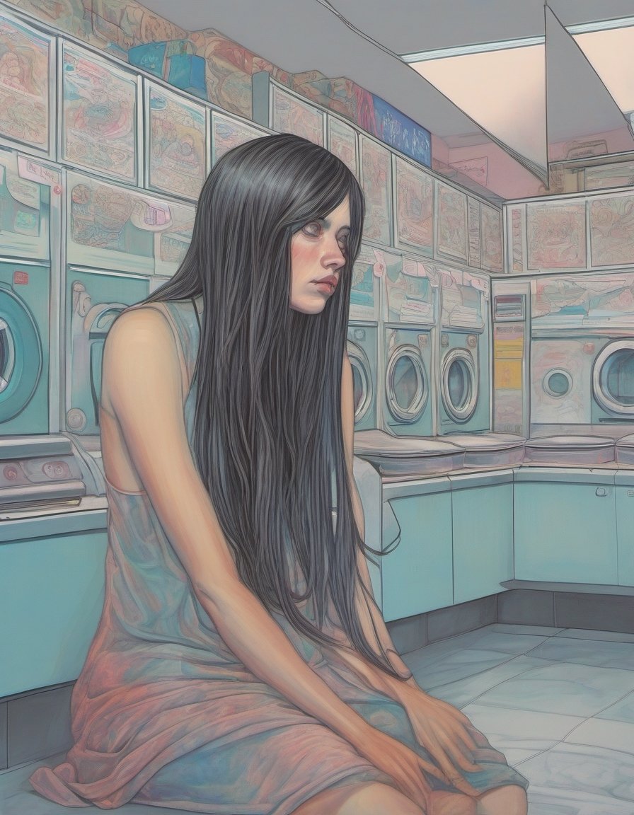 Woman, long hair, bored, waiting at a laundromat, overhead shot, art by Junji Ito, art by Martine Johanna