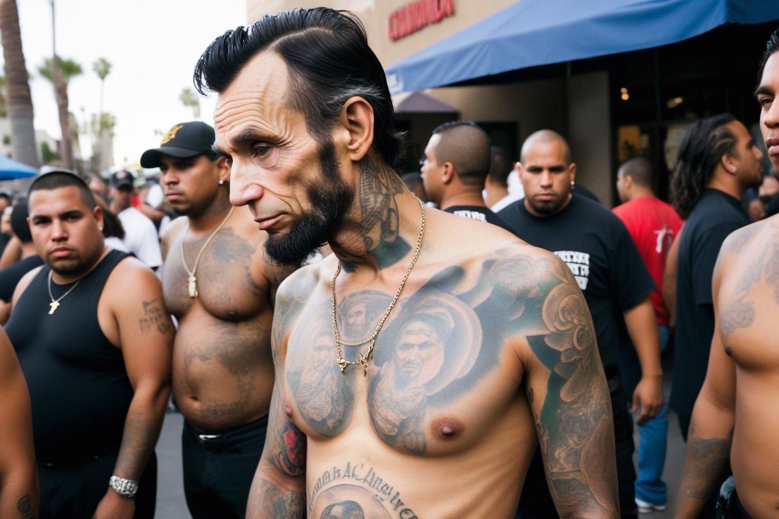 Candid Street Photo. Closeup shot of Abraham Lincoln as a Latino Gang member. Shirtless, tattooed. Busy street of Los Angeles. Canon 5d Mark 4, Kodak Ektar