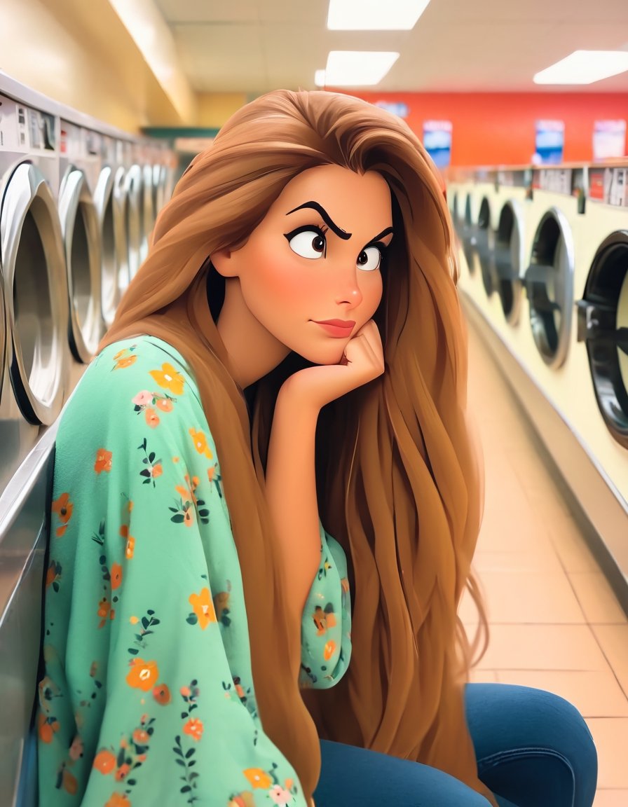 Woman, long hair, bored, waiting at a laundromat