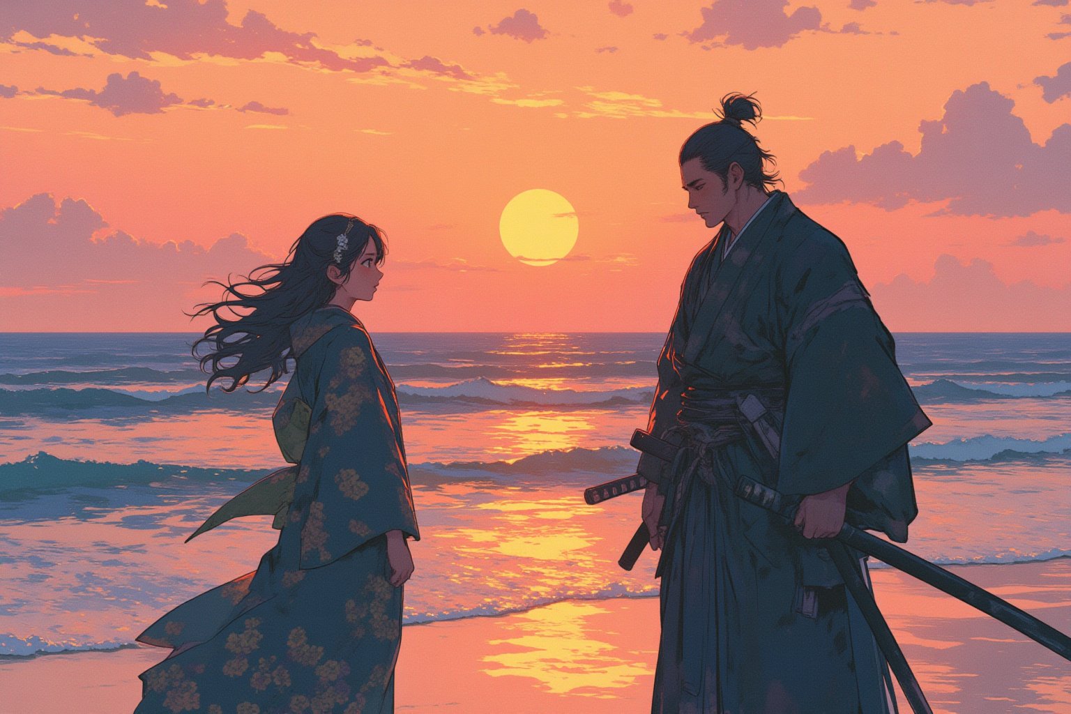 Illustrate a deeply emotional and dramatic scene between a ronin and his girlfriend at a seaside, set during their final goodbye. The ronin, dressed in worn-out traditional samurai robes, stands solemnly with his hand resting on the hilt of his katana. His girlfriend, wearing a flowing kimono, stands far apart from him, her expression filled with sorrow and longing. They are gazing intensely at each other, the distance between them symbolizing the emotional rift as they say their farewells. The backdrop is a serene, yet melancholic, seaside with waves gently lapping at the shore, and the setting sun casting long shadows and a golden glow over the scene. The sky is painted with hues of orange and pink, adding to the bittersweet atmosphere. The overall composition captures the profound emotion of separation and unspoken love.