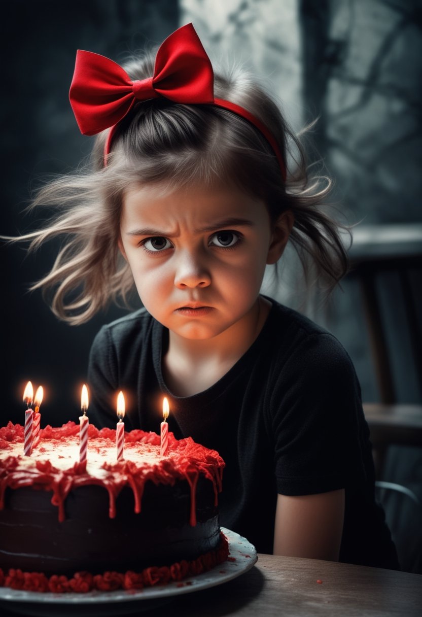 Portrait of a beautiful young girl wearing a headband bow and sitting behind a birthday cake. She has dark shadows under her eyes, an angry expression on her face, and flushed cheeks. In stark contrast to the festive occasion, she seems disconnected from the joy that surrounds her. Presents are visible in the background, adding to the surreal atmosphere. Her hair is a striking mix of red and black, drawing attention to her defiant stance. This image captures an intense moment where innocence meets anger.extremely high-resolution details, photographic, realism pushed to extreme, fine texture, 4k,  ultra-detailed, high quality, high contrast,