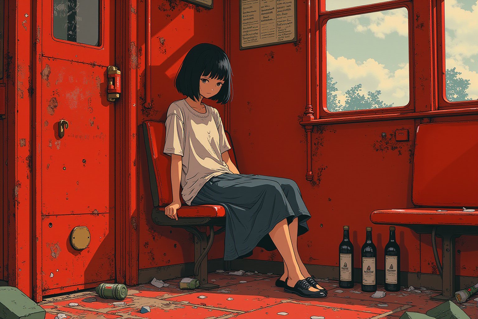 Anime style art by J.C. Leyendecker. Anime artwork Girl, sitting on train, red interior, rust, garbage on the floor, broken bottles, art by J.C. Leyendecker . anime style, key visual, vibrant, studio anime, highly detailed