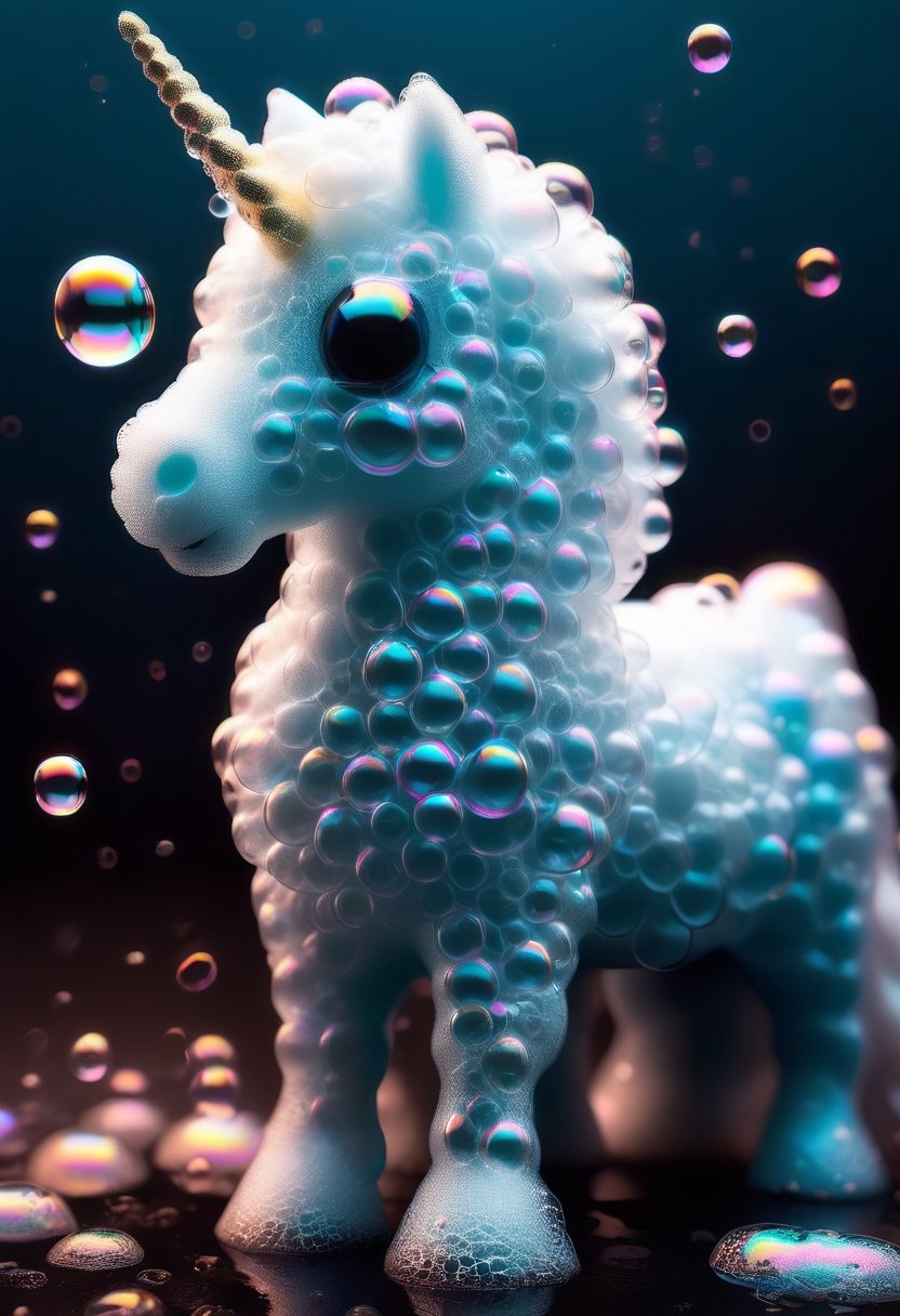 made of bath foam and soap bubbles, photograph capturing a unicorn, with sharp focus, vibrant colors, strong film grain, cinematic lighting