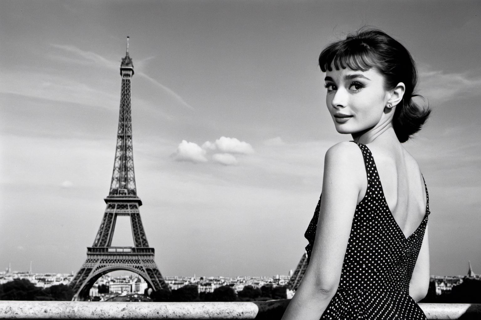 B & W Photo of a young 20yo Audrey Hepburn in a polkadot summer dress in Paris, Eiffel Tower in the background, Canon 5d Mark 4, Kodak Ektar