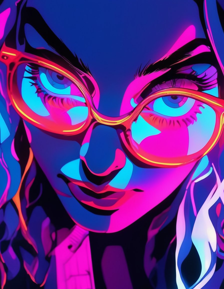 Closeup of a woman under neon light, with reflection of the light in her glasses