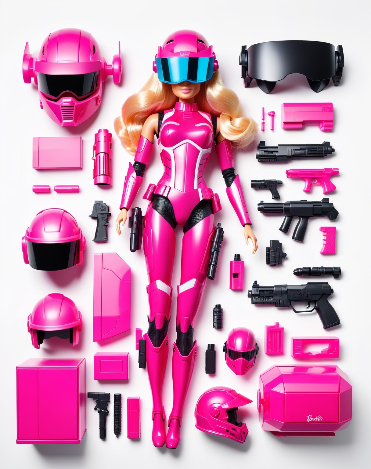 Toy box of Barbie doll, blonde hair, plastic body, cyberpunk, VR helmet and pink cyberpunk armor, laser gun , flat lay photography, object arrangement, knolling photography, white background