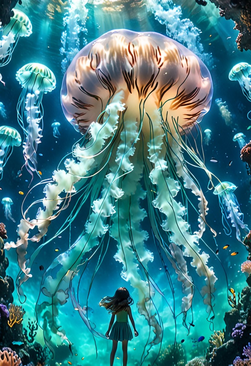 through the transparent barrier of an underwater observation pod, a terrified young girl gazes wide-eyed at the colossal figure of a Lion’s Mane Jellyfish. The glass wall magnifies the immense Jellyfish's size, highlighting its tentacles and baggy fluid-like body and vibrant bioluminescence colors. The girl's fear is palpable, her small frame contrasted against the overwhelming might of the ancient creature outside. The underwater scene is enveloped in an eerie blue-green glow, illuminated by the pod's artificial lighting. This tense and dramatic moment is captured as a hauntingly realistic photograph, taken with a telephoto lens that captures both the intricate details of the Lion’s Mane Jellyfish features and the raw emotion etched across the girl's face.