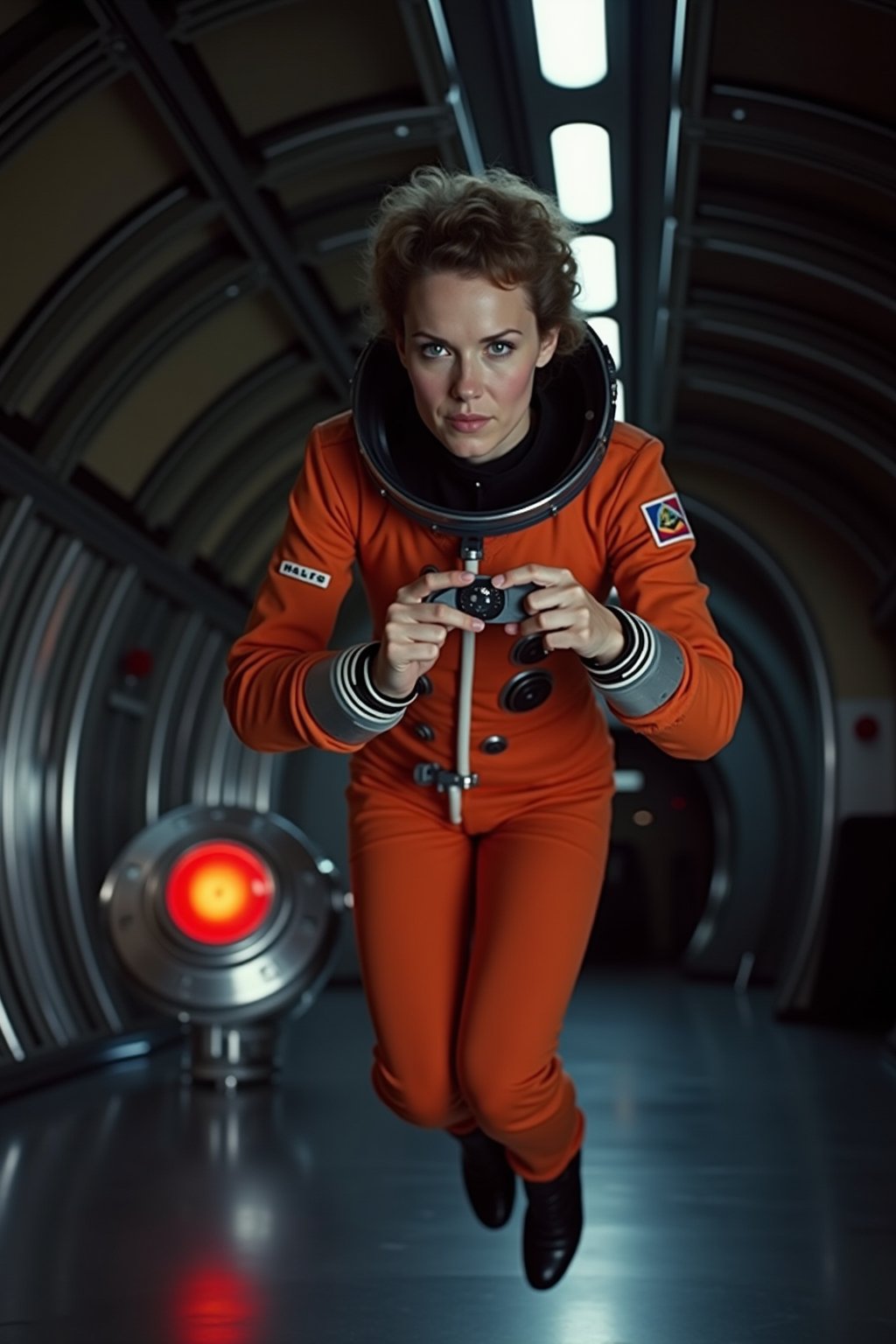 A female astronaut, dressed in a vibrant orange space uniform, is carefully re-enacting the iconic scene from 2001: A Space Odyssey where David Bowman deactivates HAL 9000. Floating weightless Inside a sleek, futuristic spacecraft, she methodically removes the components of the HAL 9000 interface, one piece at a time. The setting is tense and sterile, with dim lighting reflecting off the metallic surfaces, capturing the eerie, unsettling atmosphere of the original scene. The astronaut’s expression is focused and determined, echoing the intensity of the moment as she disconnects each part of HAL’s circuitry. The red glow of HAL's eye slowly fades as the scene unfolds, highlighting the dramatic tension between human and machine.