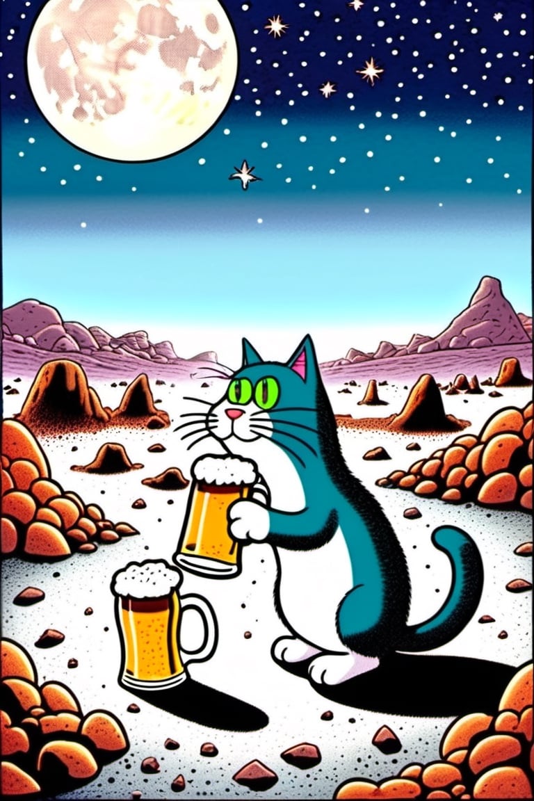 Cartoon Artwork. A cat drinking a beer on the lunar surface, surrounded by rocky terrain, desolate and otherworldly landscape, art by Gary Larson