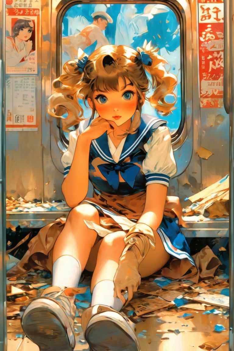 anime artwork, Japanese school girl, sailor uniform, sitting on subway, blue interior, rust, garbage on the floor, broken bottles, art by J.C. Leyendecker . anime style, key visual, vibrant, studio anime, highly detailed