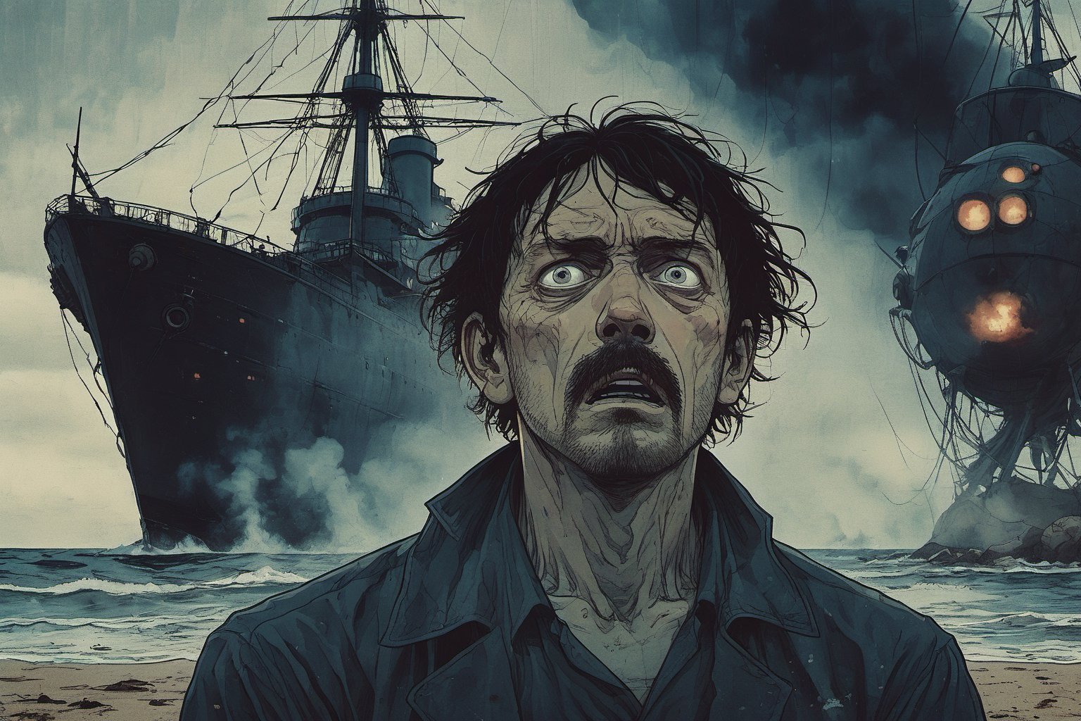 Closeup of a frightened man, eyes wide open, the narrator of War of the World, standing offcenter at the beach. Background is the steamship Ironclad warship HMS Thunder Child firing at a tall Martian Tripod